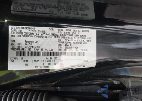 2012 Ford Focus Se from USA, damaged, VIN 1FAHP3K20CL327859